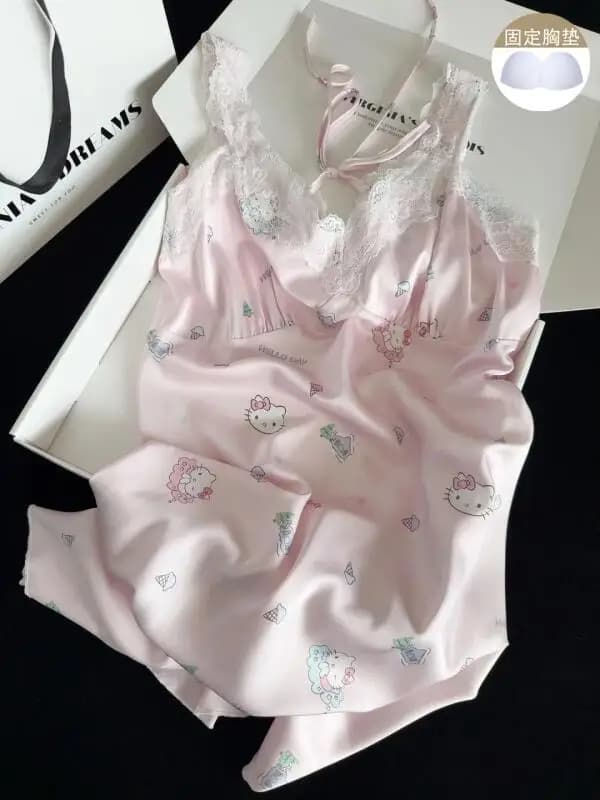 Kawaii Hello Kittys Night Dress with Chest Mat Summer Woman Lce Silk Pajamas Girl Strap Dress Student Soft Comfortable Home Wear