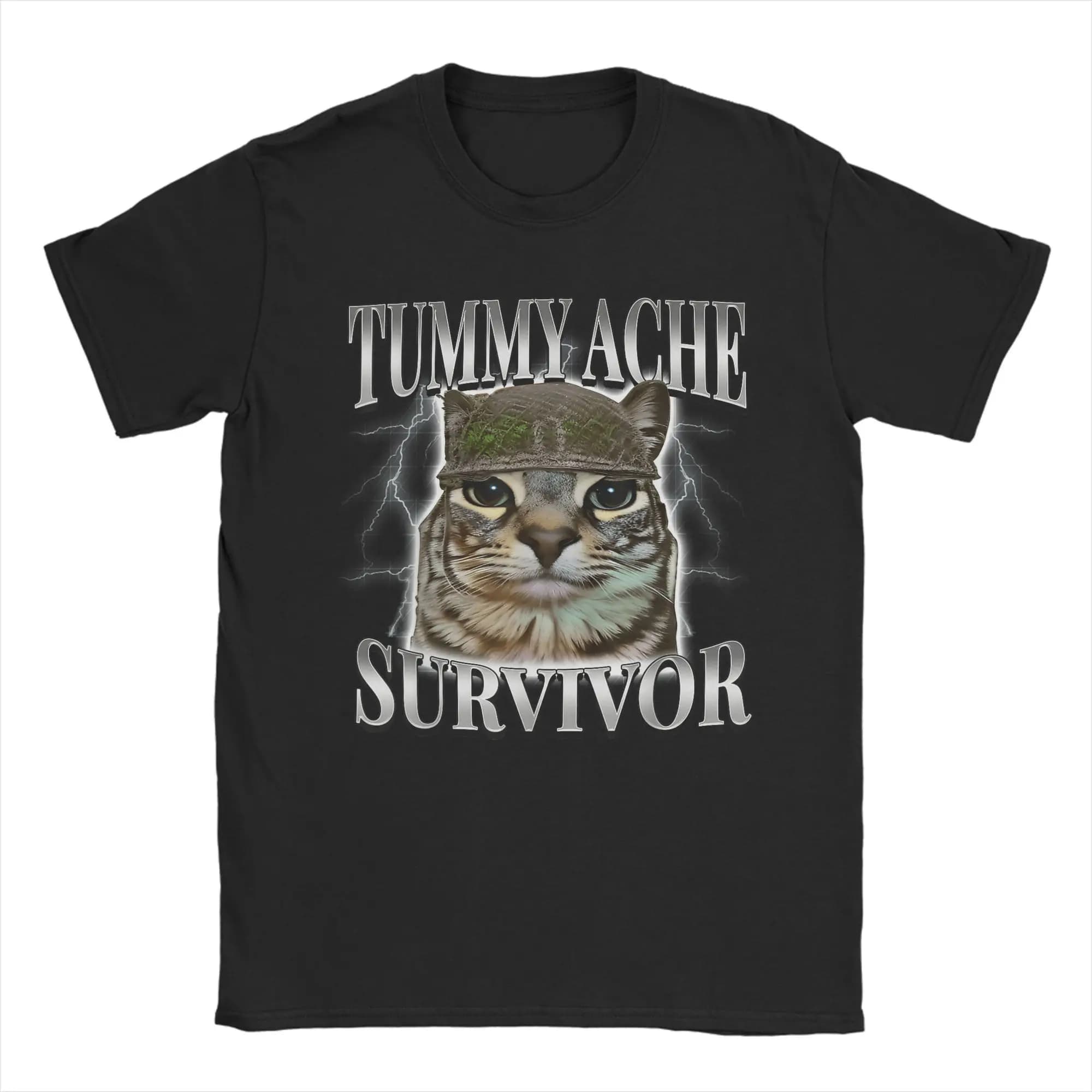 Mal di pancia Sopravvissuto Gatto Meme Divertente Dicendo Gatti Animali T Shirt Estate Puro Cotone T-shirt Per Gli Uomini di Tendenza Casual Tee Shirt