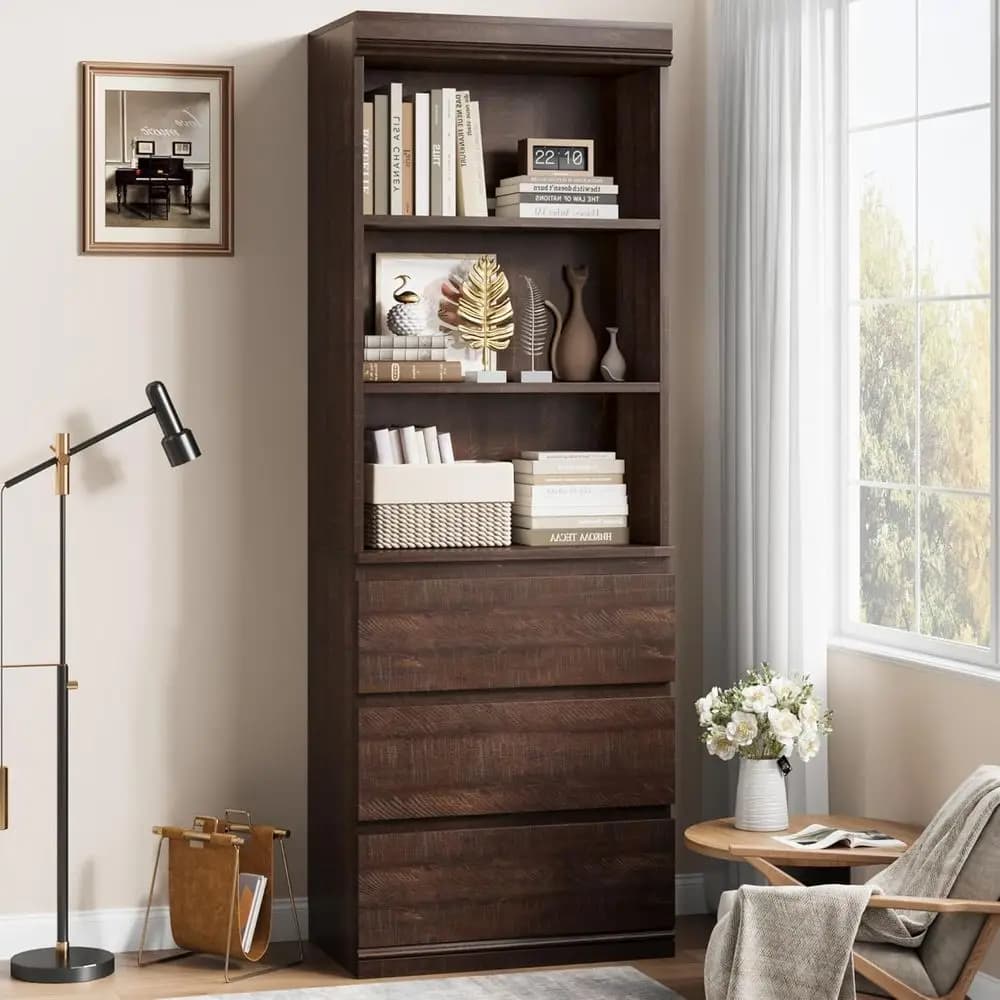70 Tall Bookshelf with Drawers, 3-Tier Open Shelves & 3 Storage Drawers, Deep Storage Cabinet Organizer for Living Room or Offic