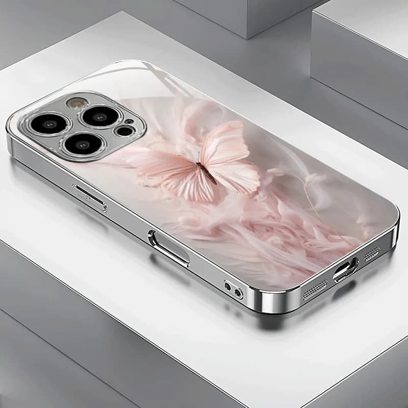 Custodia per telefono in vetro argento elettrolitico con motivo a farfalla rosa per iPhone 17 16 15 14 13 12 11 Pro Max 14 15 Plus 16E 17 Air Cover