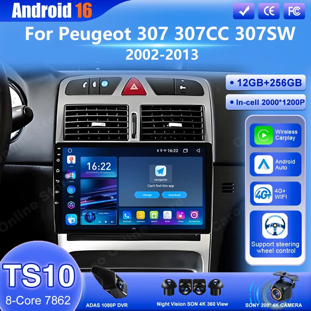 Android 16 Autoradio Stereo Per Peugeot 307 307CC 307SW 2002-2013 Auto Wireless Carplay Lettore Video Multimediale GPS 4G + Wifi 2DIN