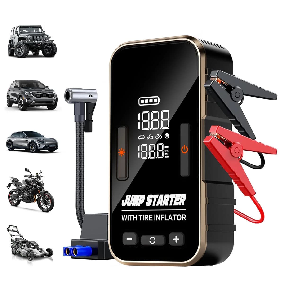 Avviatore di Emergenza per Auto 12V con Compressore d'Aria - Booster Batteria 2-in-1, Gonfiatore Pneumatici e Power Bank Portatile