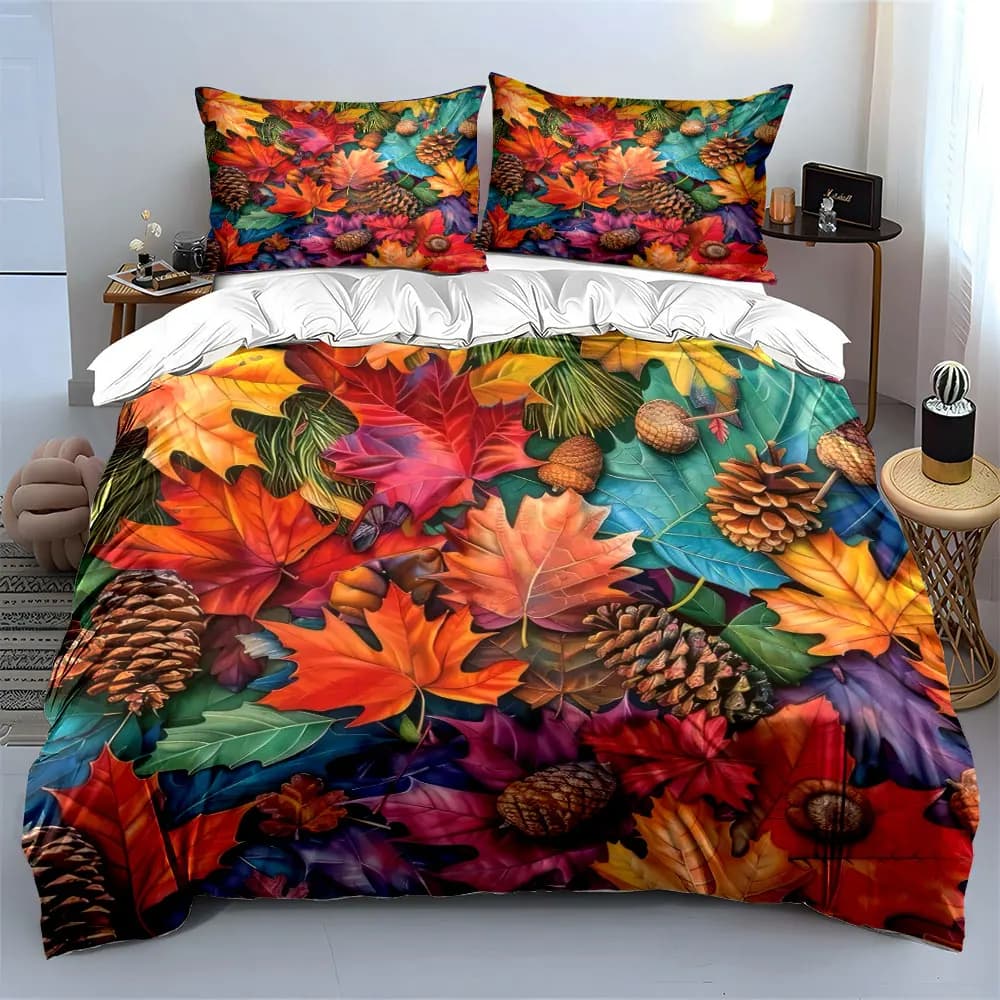 Set decorativo con foglie autunnali e pigne, set di biancheria da letto con copripiumino morbido e confortevole, include 1 copripiumino e 2 federe, regalo