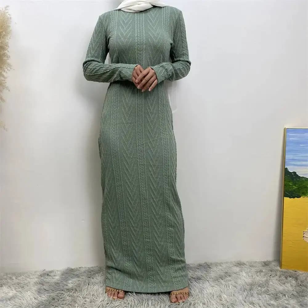 Abito Lungo a Maniche Lunghe in Tinta Unita per Donne 6435-1, Vestito Lungo, Abaya per Ramadan, Lussuoso ed Elegante Stile Islamico di Dubai