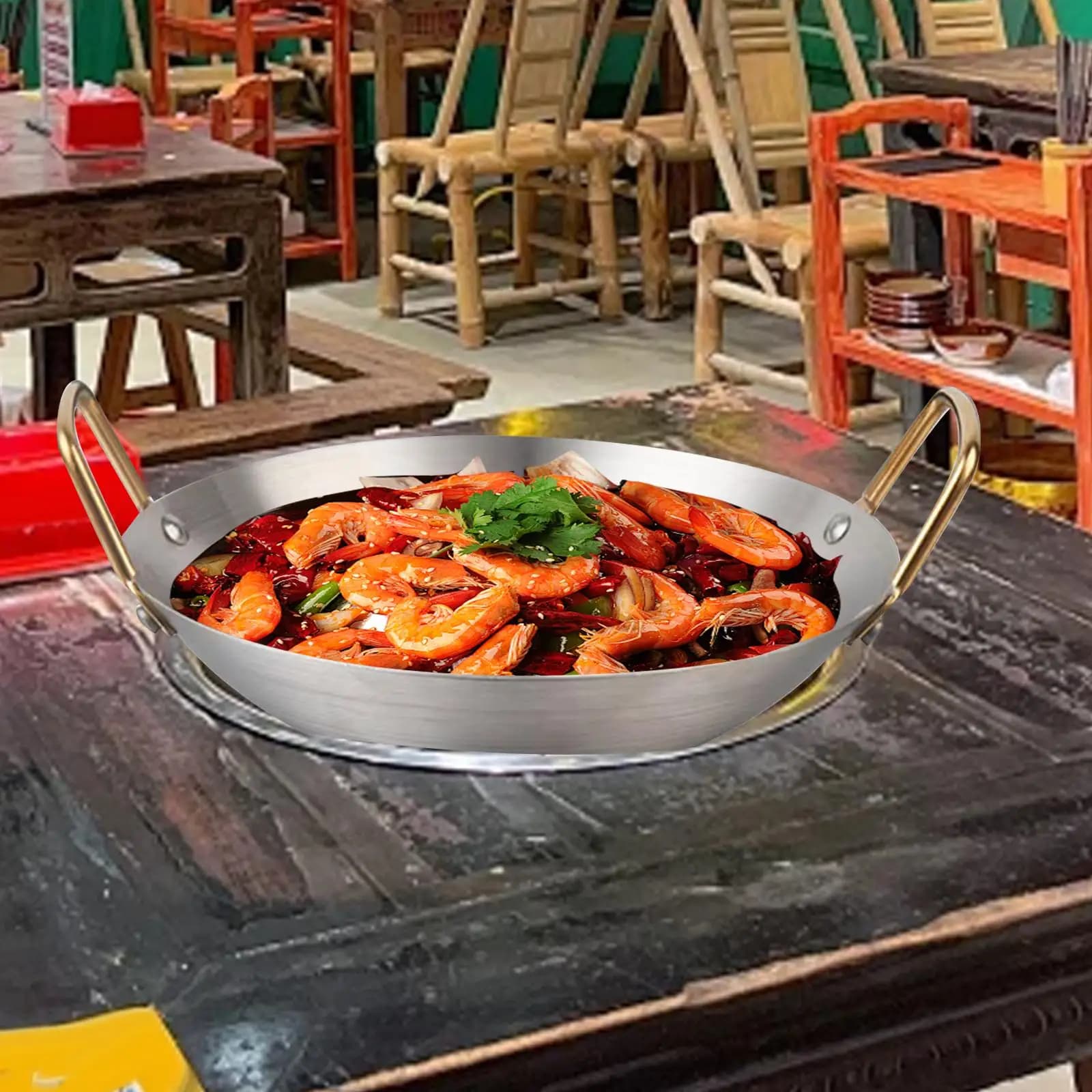 Wok in Acciaio Inossidabile con Doppio Manico, Pentola Multiuso per Cottura a Secco, Padella Rotonda per Casa, per Soffriggere e Mantenere in Sottocotto i Cibi