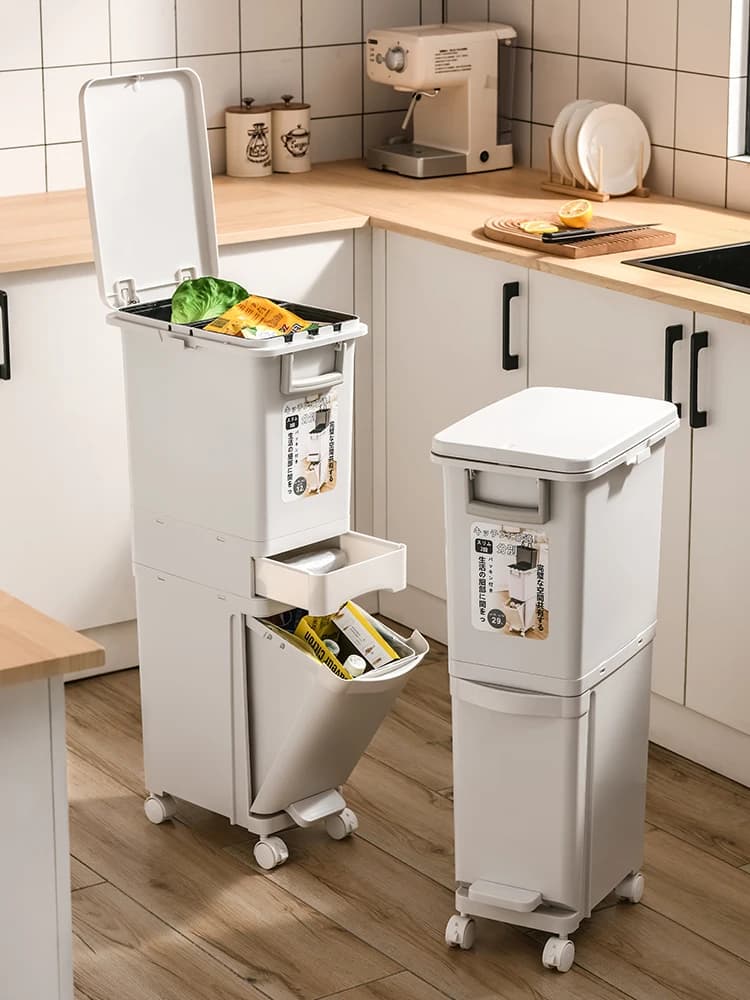 Cestino per rifiuti di grandi dimensioni a tre strati con coperchio per separazione umido/secco, contenitore per rifiuti domestici, bidone per compost da cucina in plastica