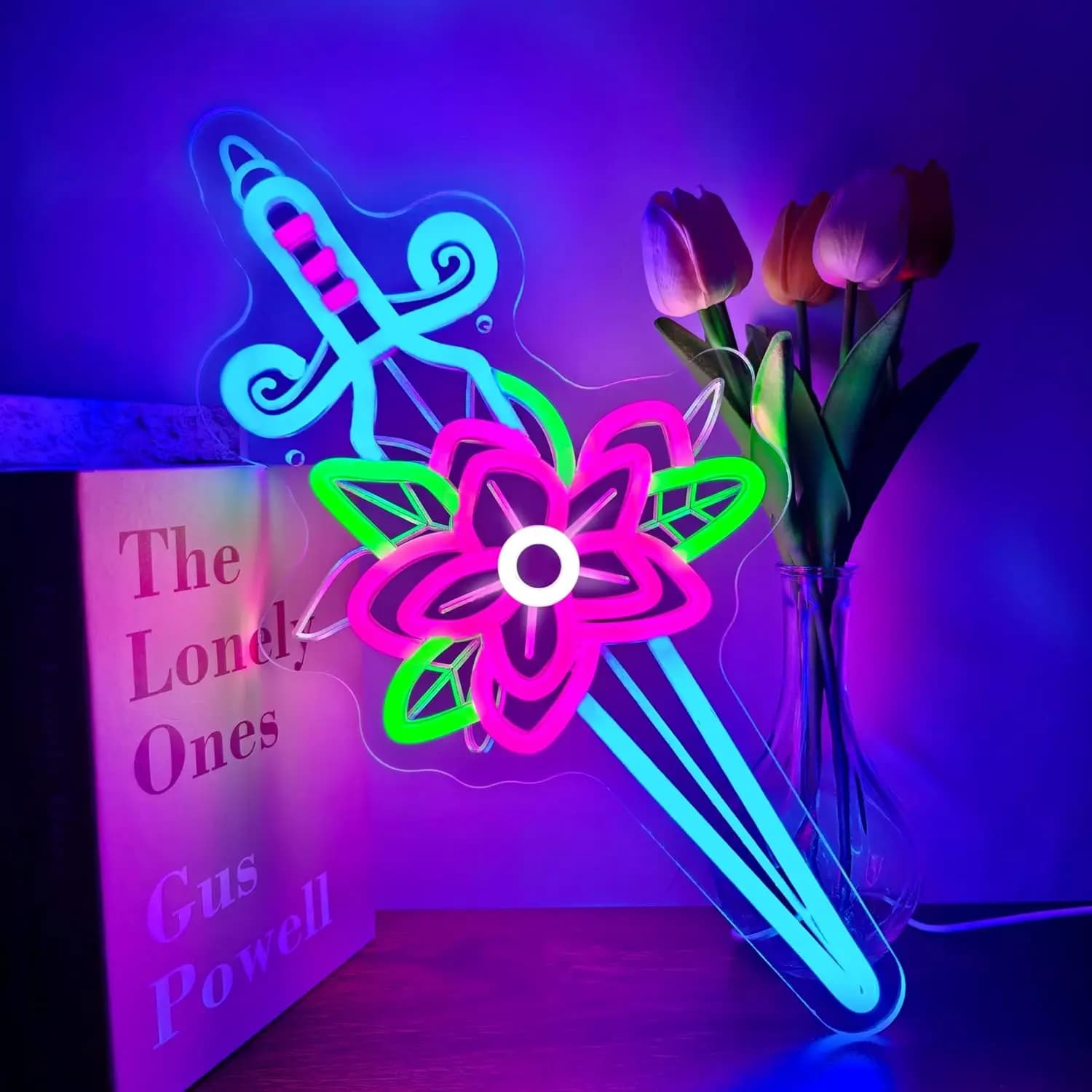 Insegna al Neon LED a Forma di Spada Floreale, Luce al Neon Dimmerabile USB per Sala Giochi, Camera da Letto, Bar, Soggiorno, Regalo di Compleanno, Decorazione Murale