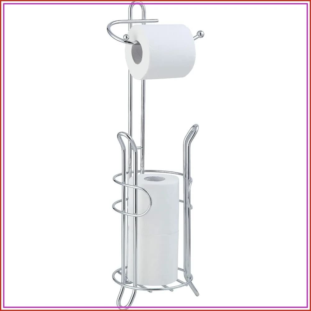 Freestanding Toilet Paper Holder with Storage – Holds 4 Rolls, Heavy-Duty Steel, Chrome Finish, Easy Assembly, Space-Saving Bathroom Organizer