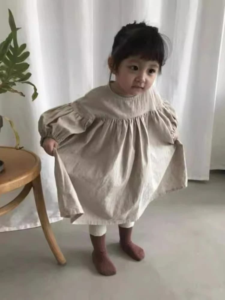 Abito da bambina autunnale 2026 in cotone e lino, stile giapponese e coreano, semplice, con maniche a lanterna da 9 pollici, modello a trapezio