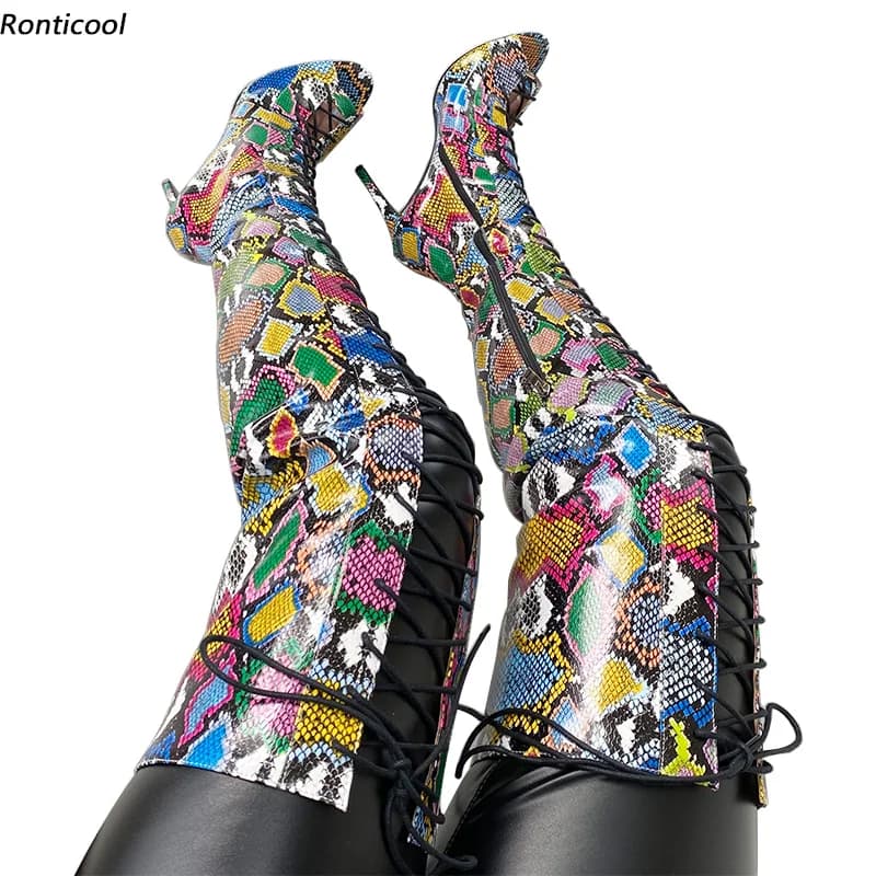 Ronticool Handmade Women Summer Over The Knee Boots Lace Up Stiletto High Heels Peep Toe Snake Patter Casual Shoes US Size 5-15