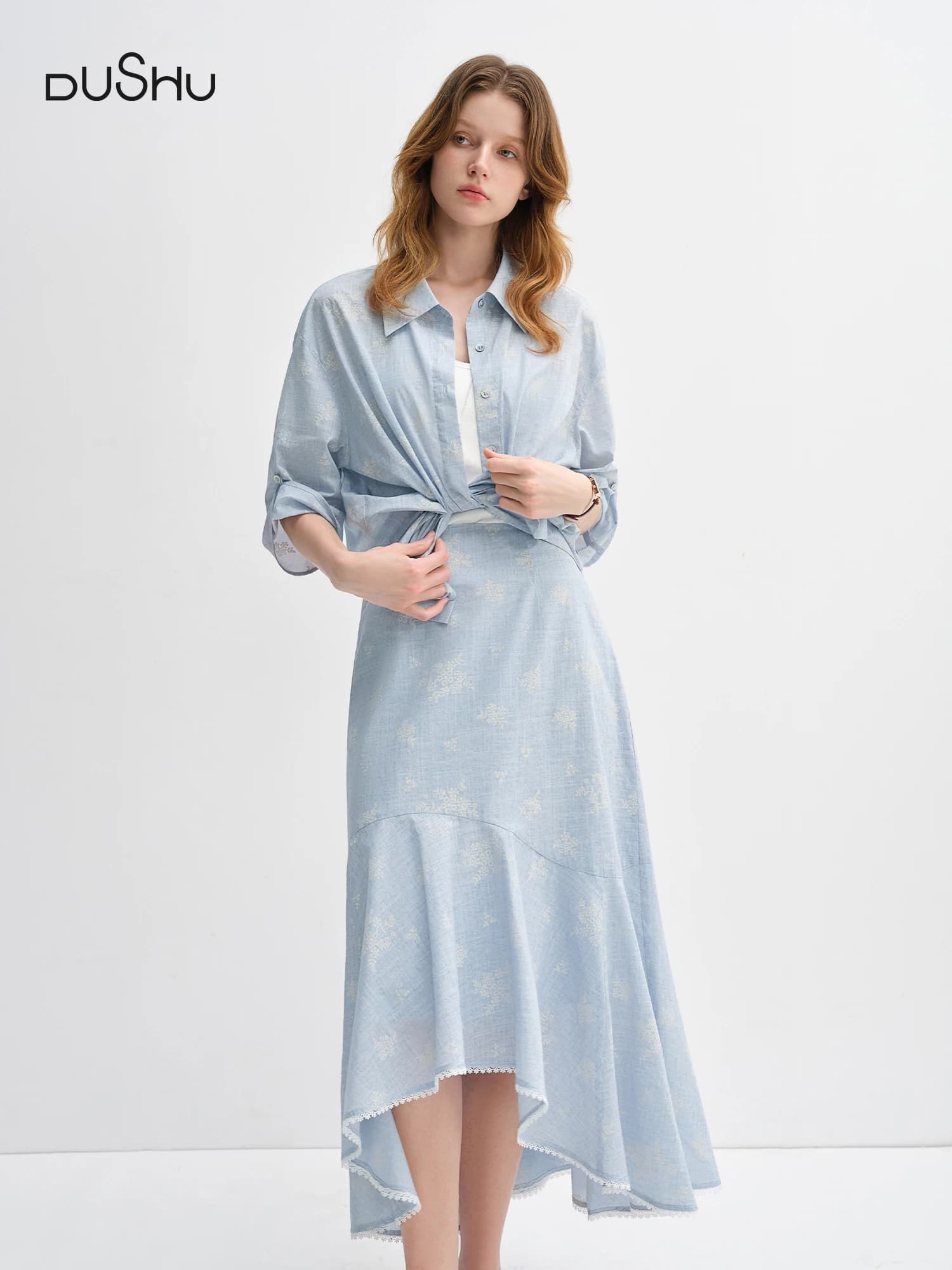 DUSHU Two-piece set with shirt and skirt with bright color print for women, stylish new arrival autumn set 2025 25DS83132 + 25DS83131