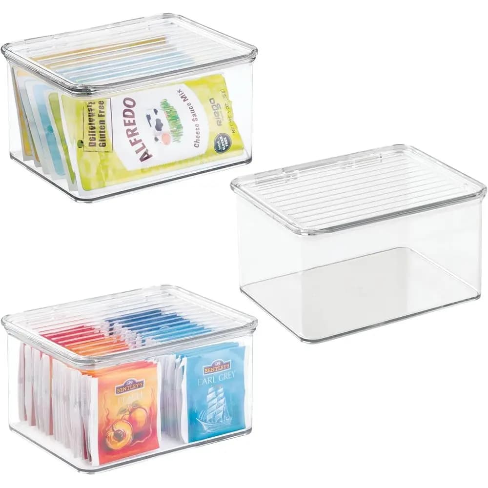 Plastic stackable container with hinge cover for pantry or kitchen - Set of 3 - Transparent