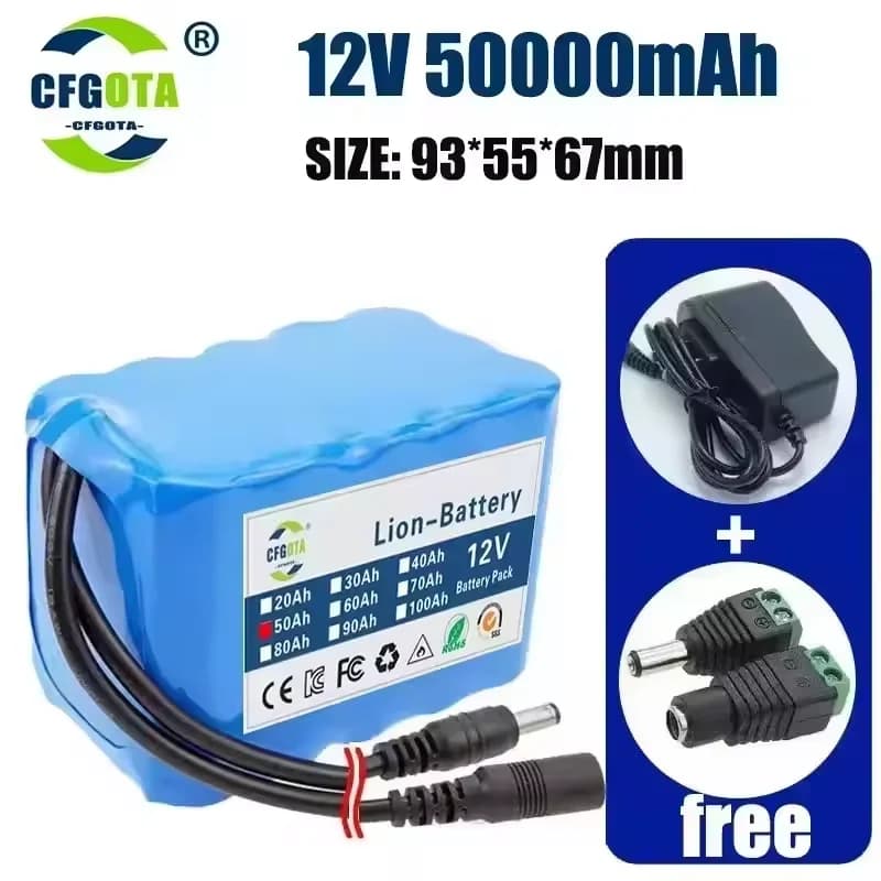 12V 50Ah 18650 Lithium Battery Pack 3S5P Rechargeable Battery with BMS 12.6v Charger for Fishing Bicycle Large Capacity Battery