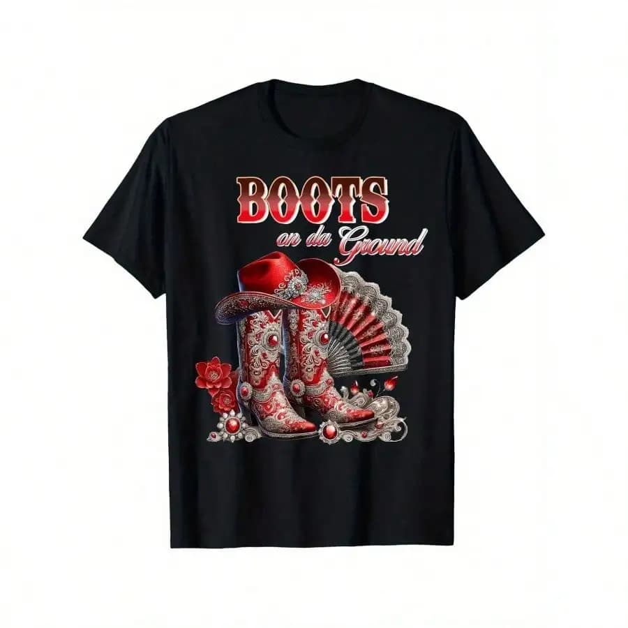 Stivali sul terreno T-shirt da ballo della linea Cowgirl da cowboy occidentale T-shirt traspirante in cotone 100% con grafica vibrante per stivali da cowboy