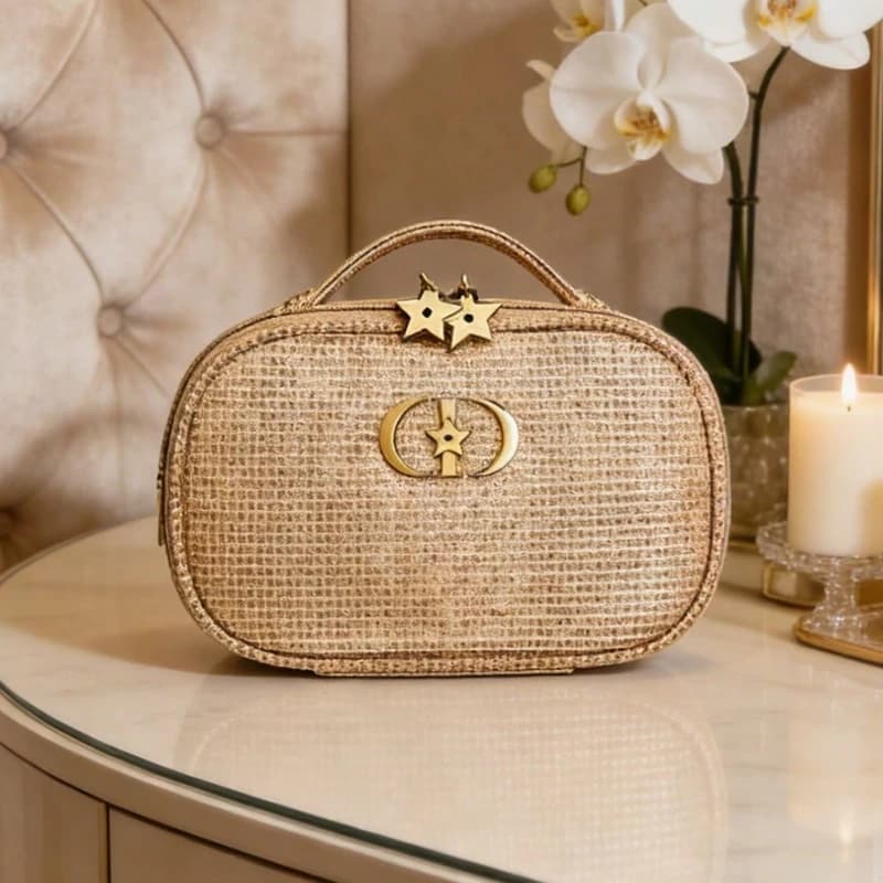 Dior’s bag Golden Shiny Woven Cosmetic Bag CD Metal Logo Star Zipper Head Portable Travel Wash Pouch Perfect Luxury Ladies Gift
