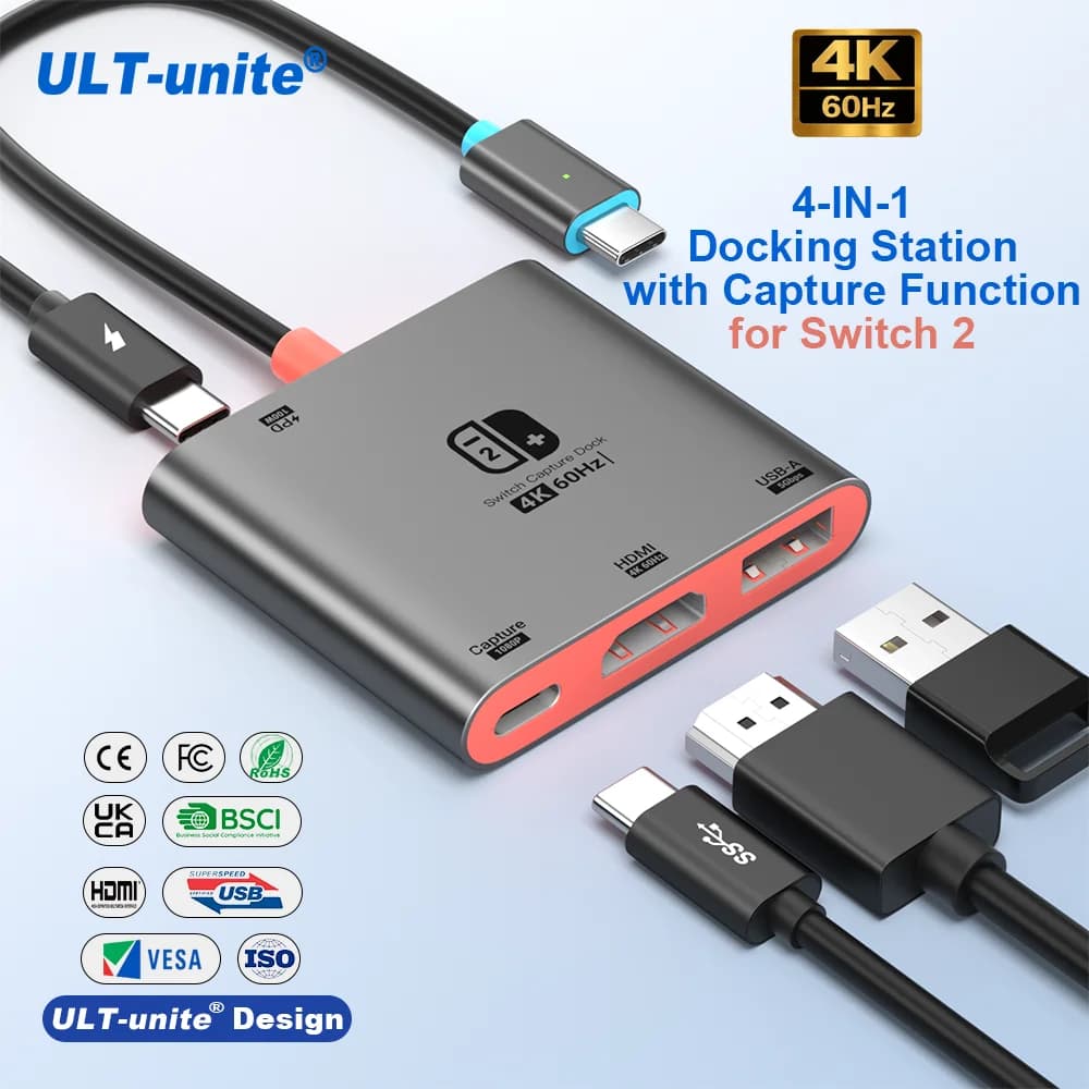 ULT-unite Docking Station HDMI 4-in-1, Uscita 4K, Acquisizione 1K, Dock USB3.0 Portatile per Streaming Live su Switch