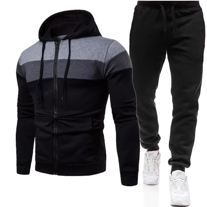 Ankle Length Pencil Pants Men Sets Long Sleeve Hooded Hoodies Patchwork Sweatshirt Zipper Outerwear Slim Fit Casual Sports