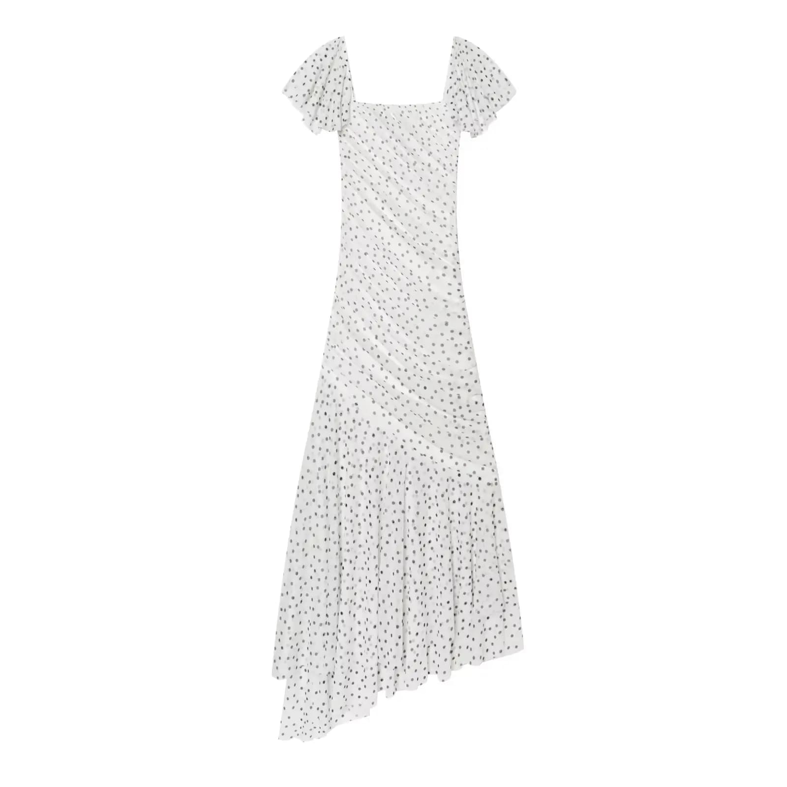 2026 Summer Women's Elegant Asymmetrical Polka Dot Mesh Midi Dresses Lady Chic Vintage A-line Ruffles Slim Fit Irregular Robes
