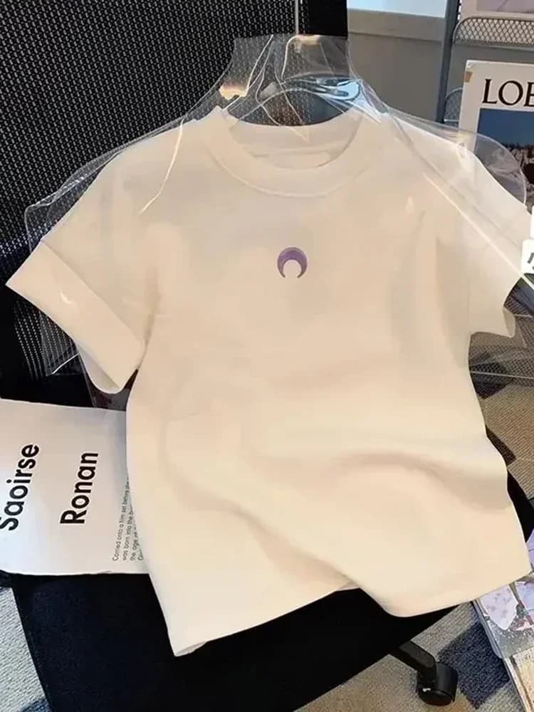 T-shirt a maniche corte con stampa White Moon da donna, estiva, casual, girocollo, basic, alla moda, versatile