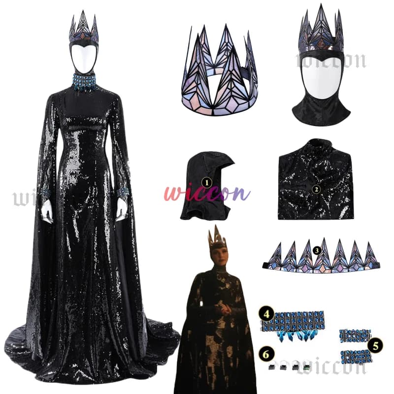 Costume da matrigna cosplay della regina cattiva film Snow Cos Whites donna abito lungo nero corona collana abiti abito di Halloween