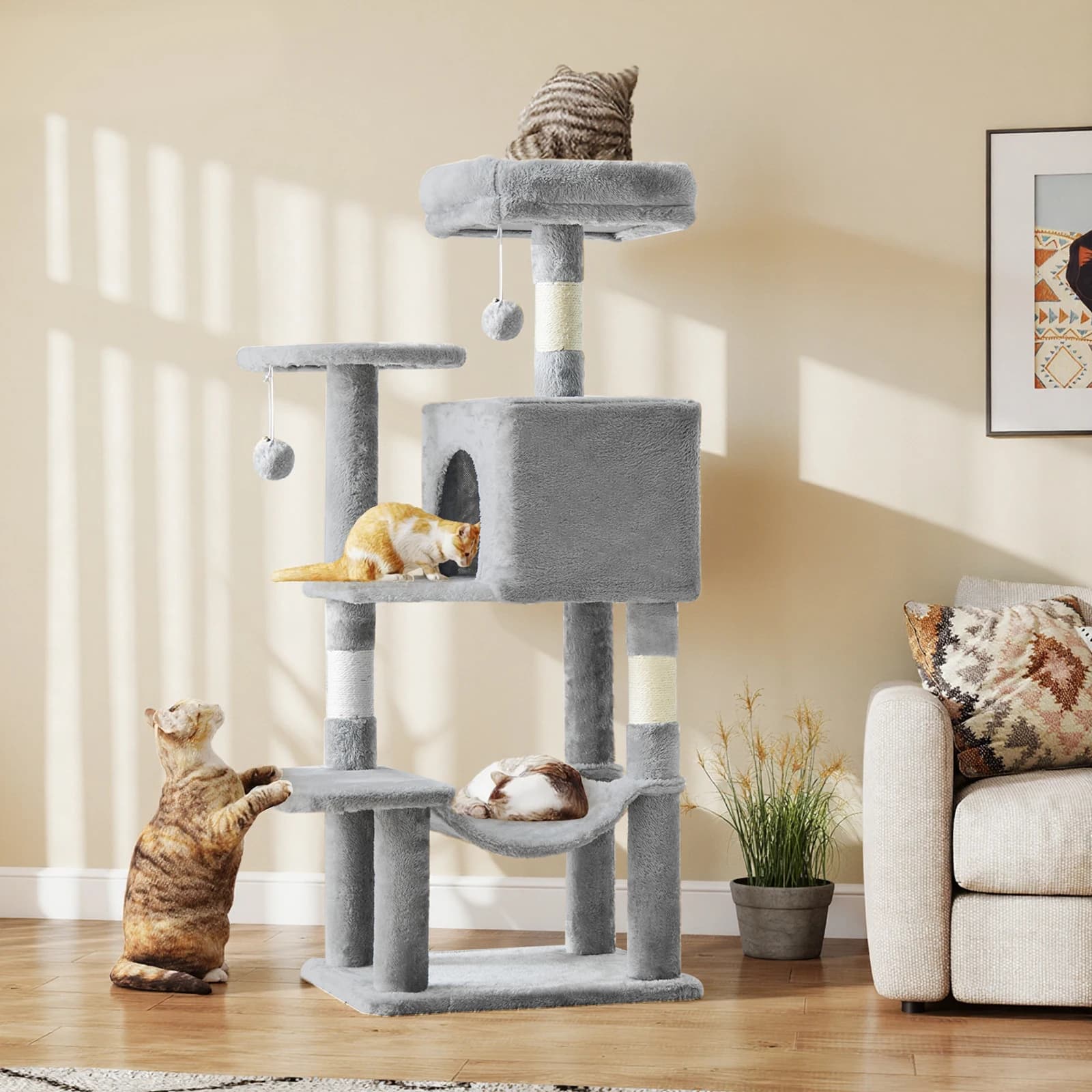 JHK 44In Albero per gatti Alto Multi-Gatto Torre da arrampicata per mobili per animali domestici Tiragraffi in sisal naturale Casa stabile per animali domestici per gatti da interno