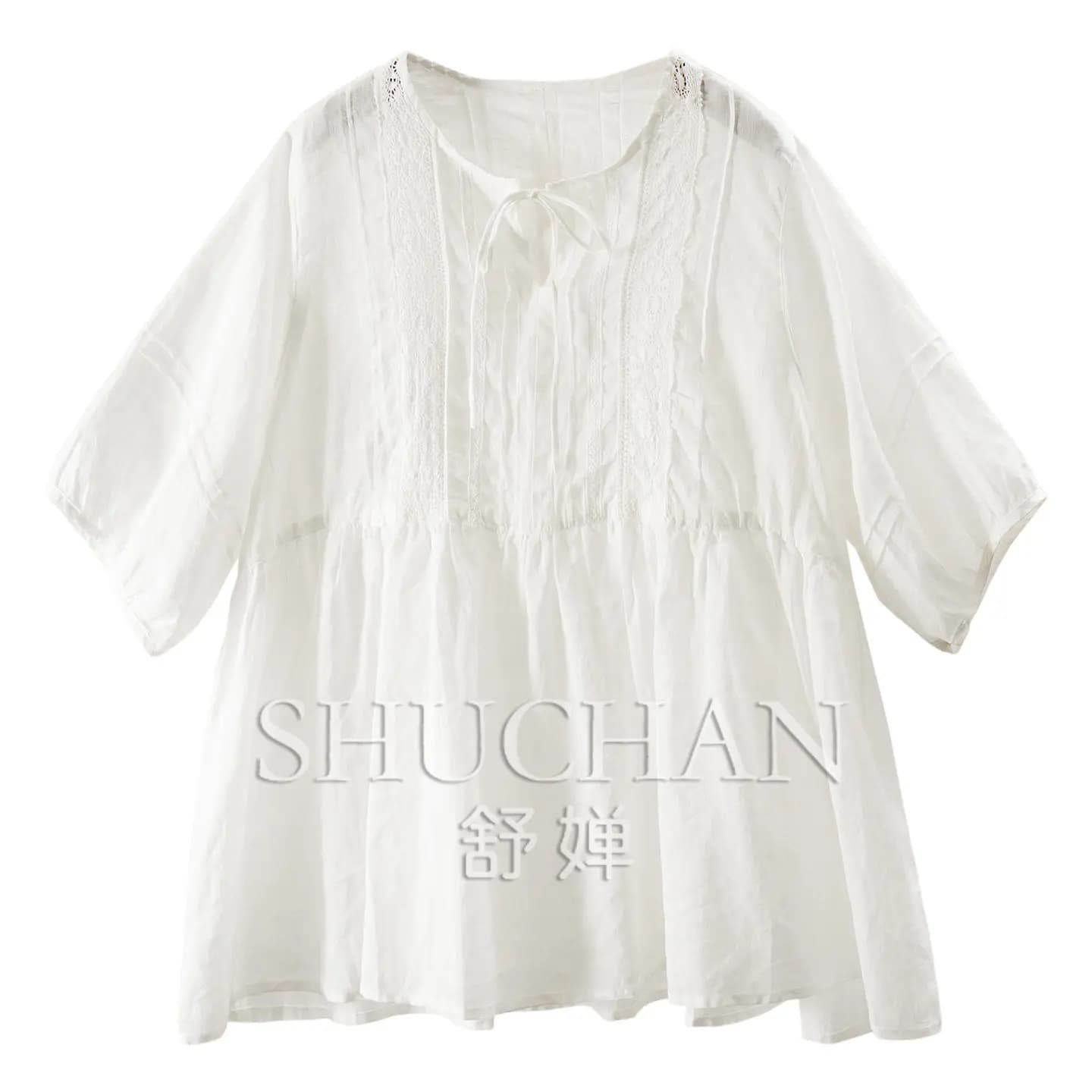 SHUCHANT Gentle Healing Blouse Thin Summer Loose 2m A Pendulum Lace Ramie Doll Shirt Women's 59M8