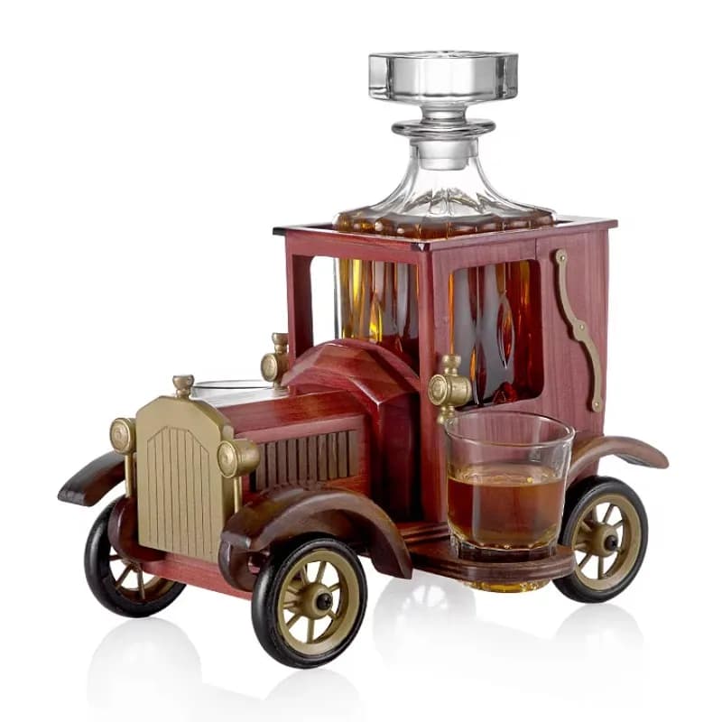 Set di decanter per vino moderno a forma di auto, vetro di cristallo senza piombo, 2 bicchieri da shot, base in legno soffiato a mano sostenibile, articoli da bar, vino regalo
