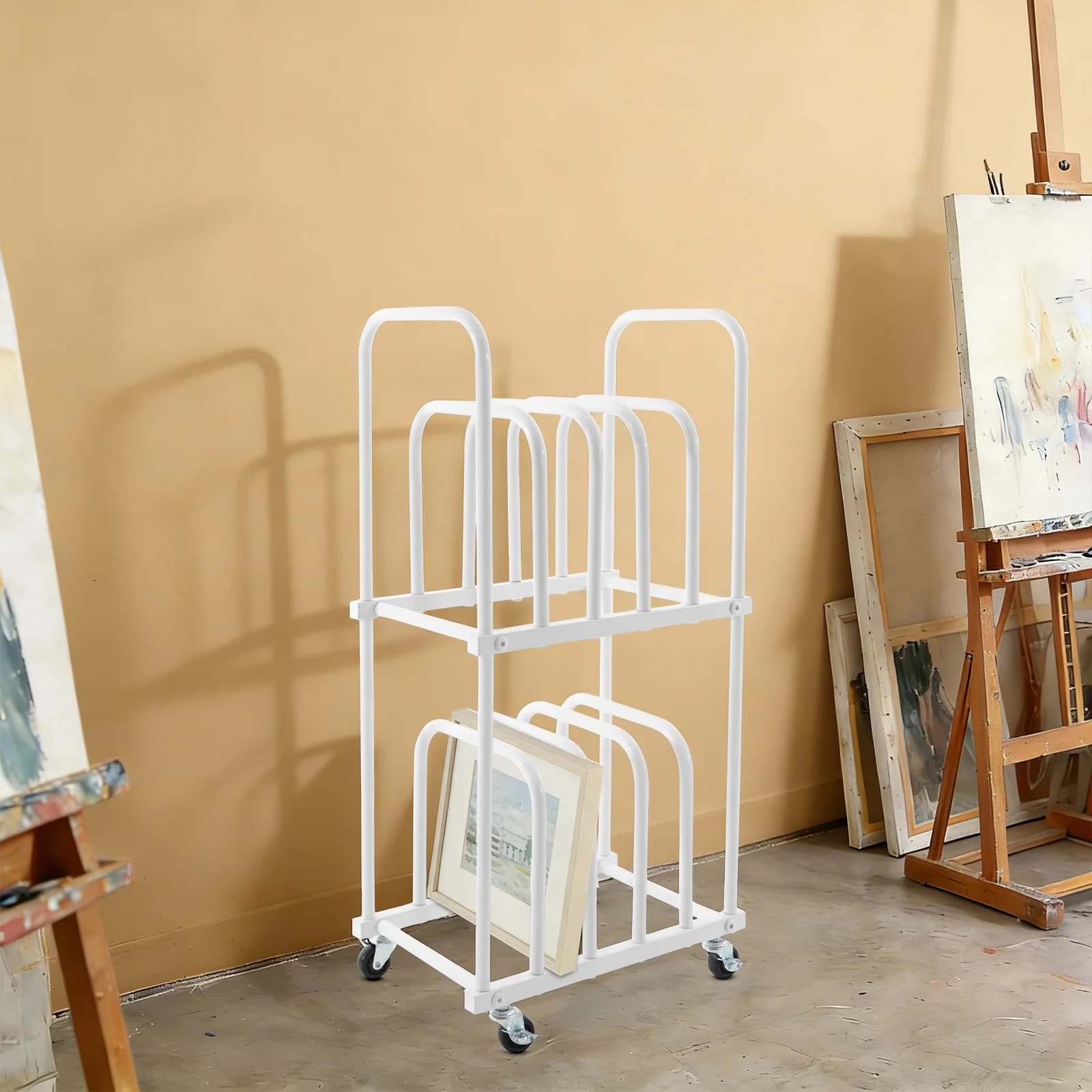 Scaffale portaoggetti bianco per tele artistiche, supporto in ferro resistente con ruote per riporre dipinti a olio, piatti, cornici, tavole artistiche