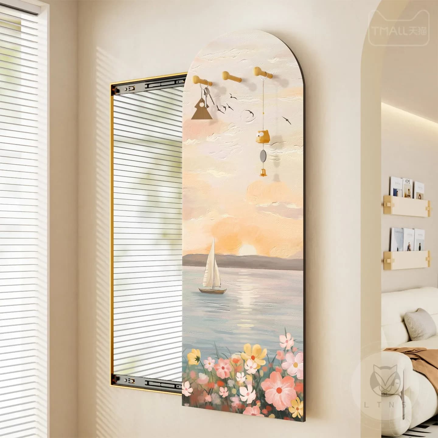 Full-figure mirror with push-pull mechanism, recessed to wall