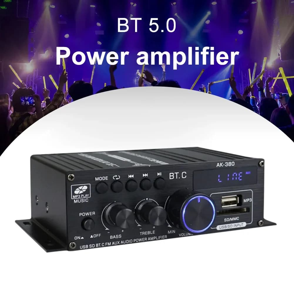 AK-380 Amplificatore di Potenza 800W per Casa e Auto, 2 Canali, Bluetooth 5.0, Amplificatore Audio Digitale, FM, USB, Telecomando, HIFI Stereo Subwoofer