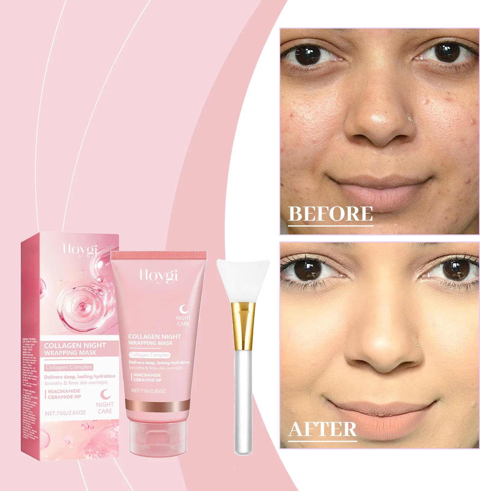 Face collagen peel mask, moisturizing and night firming treatment with applicator