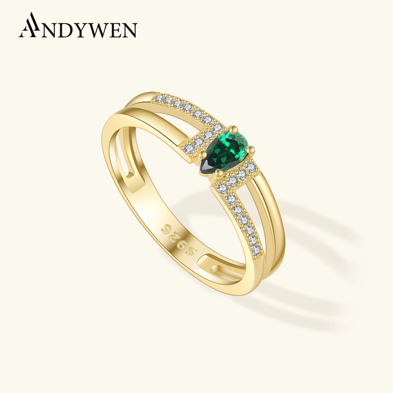 ANDYWEN 925 Sterling Silver Two Line Pear Shape Green Zircon CZ Ring 2025 Wedding Anniversary Jewelry Gift for Luxury Women