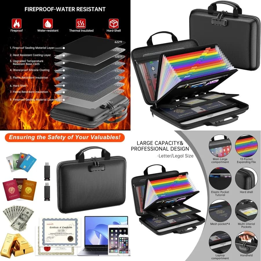 Organizzatore di file ignifugo con serratura per un archiviazione sicura: cartella espandibile grande a 13 tasche con design rigido Ideale per Protec