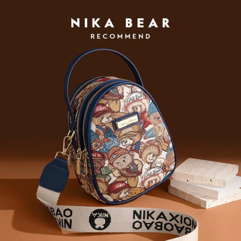 2025Summer Shell Bag Cartoon Bear Pattern Fabric/Synthetic Leather Shoulder Bag One Size Embroidered Zipper