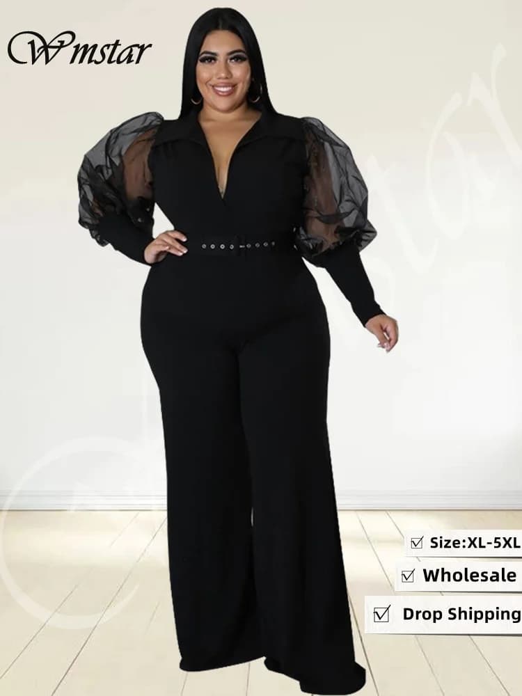 Wmstar Jumpsuit Plus Size vestiti da donna scollo a V con cintura manica a rete singola elegante body ufficio Lady all'ingrosso Dropshipping