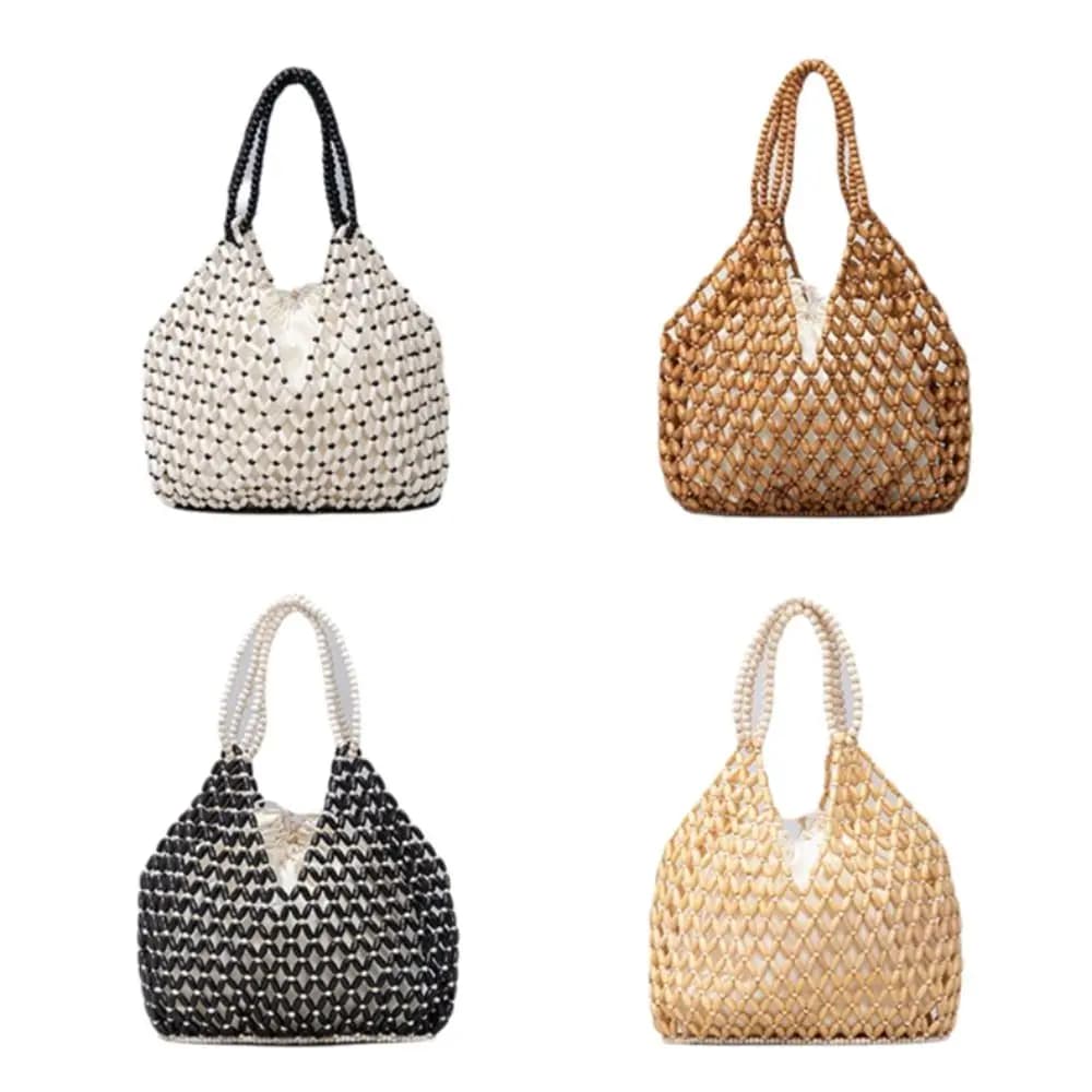 Casual Polyester Lining Beaded Shoulder Bag Bucket Shape Handwoven Ladies Handbag Large Capacity Women Crossbody Bag Travel