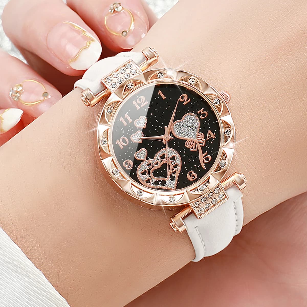 3pcs/1pcs Women Fashion Leather Strap Heart-shaped Dial Quartz Watch for Ladies Black White Pink Set