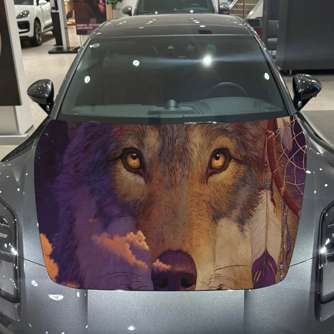 Neon Wolf Dreamcatcher Dominance Scene PVC Car Hood Wraps, Self-Adhesive Waterproof Car Bonnet Decal Sticker, Car Decoration Pro