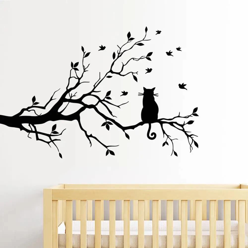 Adesivo da parete gatto su ramo di un albero, soggiorno, sfondo divano, camera da letto, decorazione domestica, decalcomanie animali