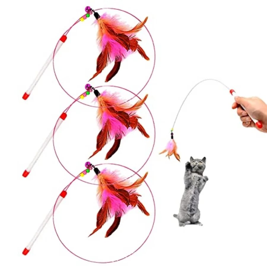 Giocattolo con Bacchetta e Piume per Gatti - Set da 3 Bacchette Interattive con Filo d'Acciaio e Piume per Addestramento Gatti - Giocattoli con Perline e Campanelli per Gattini