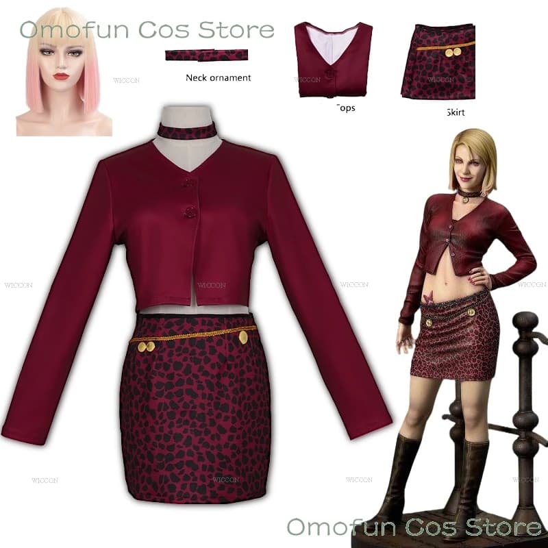 Maria Cosplay Uniformi rosse Silent cos Hill 2 Gioco Nato da un desiderio Costume Carnevale di Halloween Donna Horror Outfit Vesti parrucca