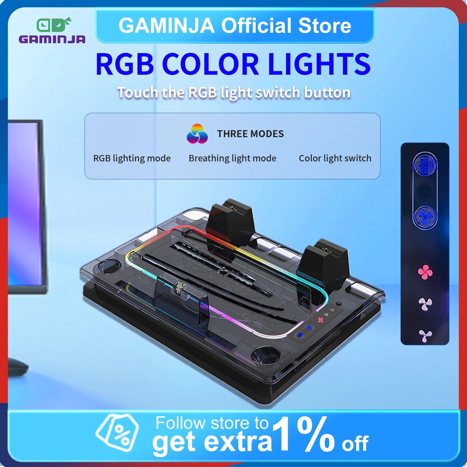 GAMINIJA Supporto di Raffreddamento Multifunzione RGB per PS5/PS5 Slim con Caricatore per Controller e Gancio per Cuffie