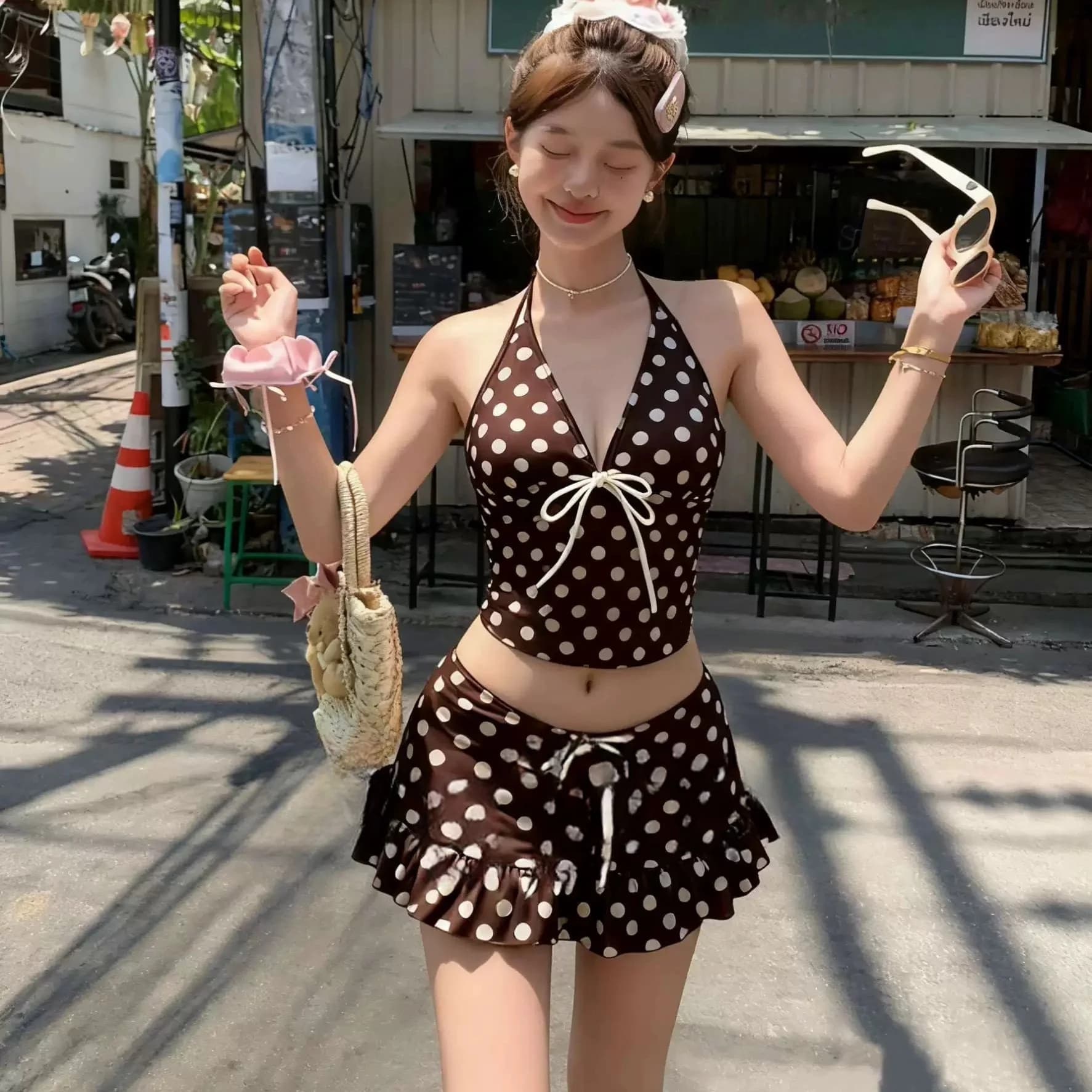Costume da bagno bikini da donna sensuale a pois con scollo a V profondo, set tre pezzi per vacanze al termale, spiaggia e altro ancora
