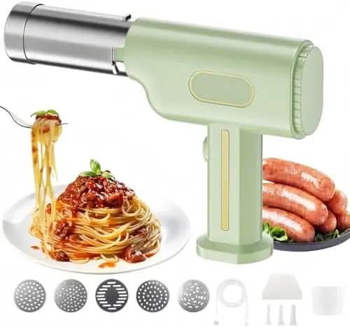 Macchina Elettrica Portatile per Pasta 5-in-1 – Macchina Senza Fili per Noodle e Salsicce con Stampi – Pressa Automatica Portatile per Impasto – Prepara Spaghetti