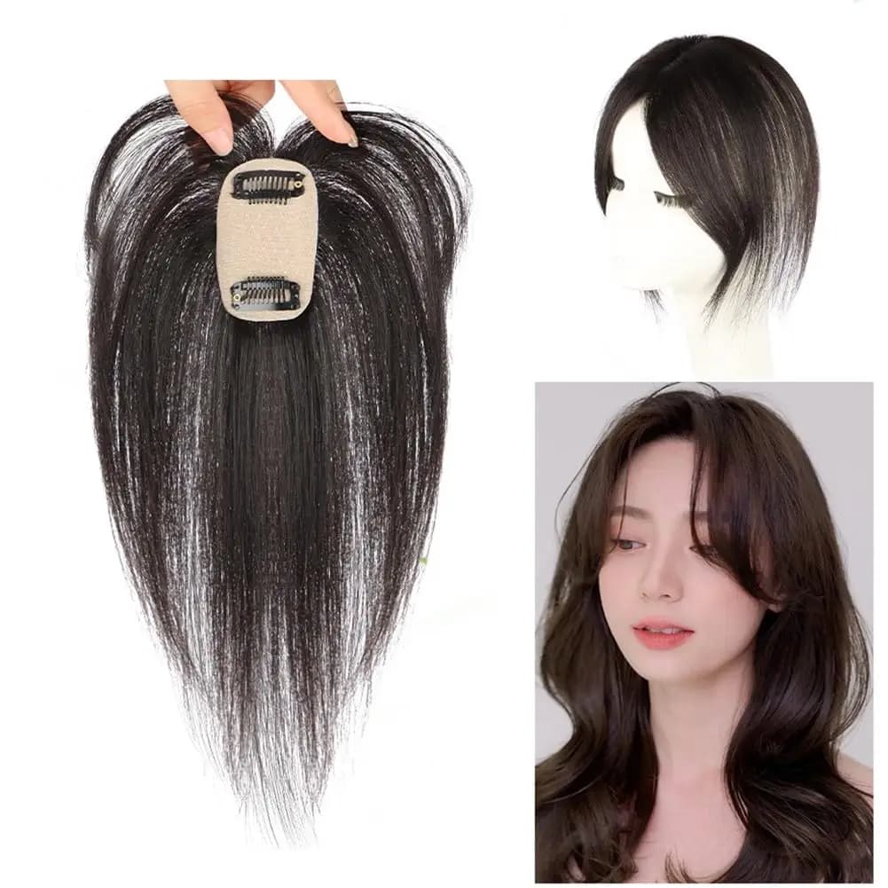 Topper per capelli da 10 pollici, monopezzo, con riga centrale, mini 4x8cm, base in seta, con clip, per sostituzione del tocco di capelli, 100% capelli umani, parrucca.