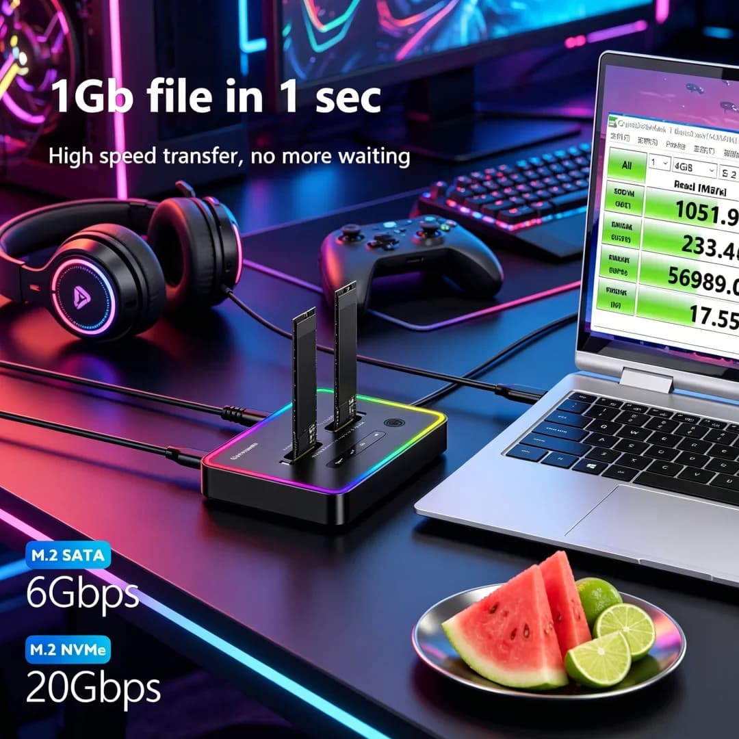 Opulent Docking Station SSD M.2 Dual Protocollo Offline con Case per SSD, Type-C 10Gbps per PCIe NVMe o SATA, Enclosure SSD a 2 Bay