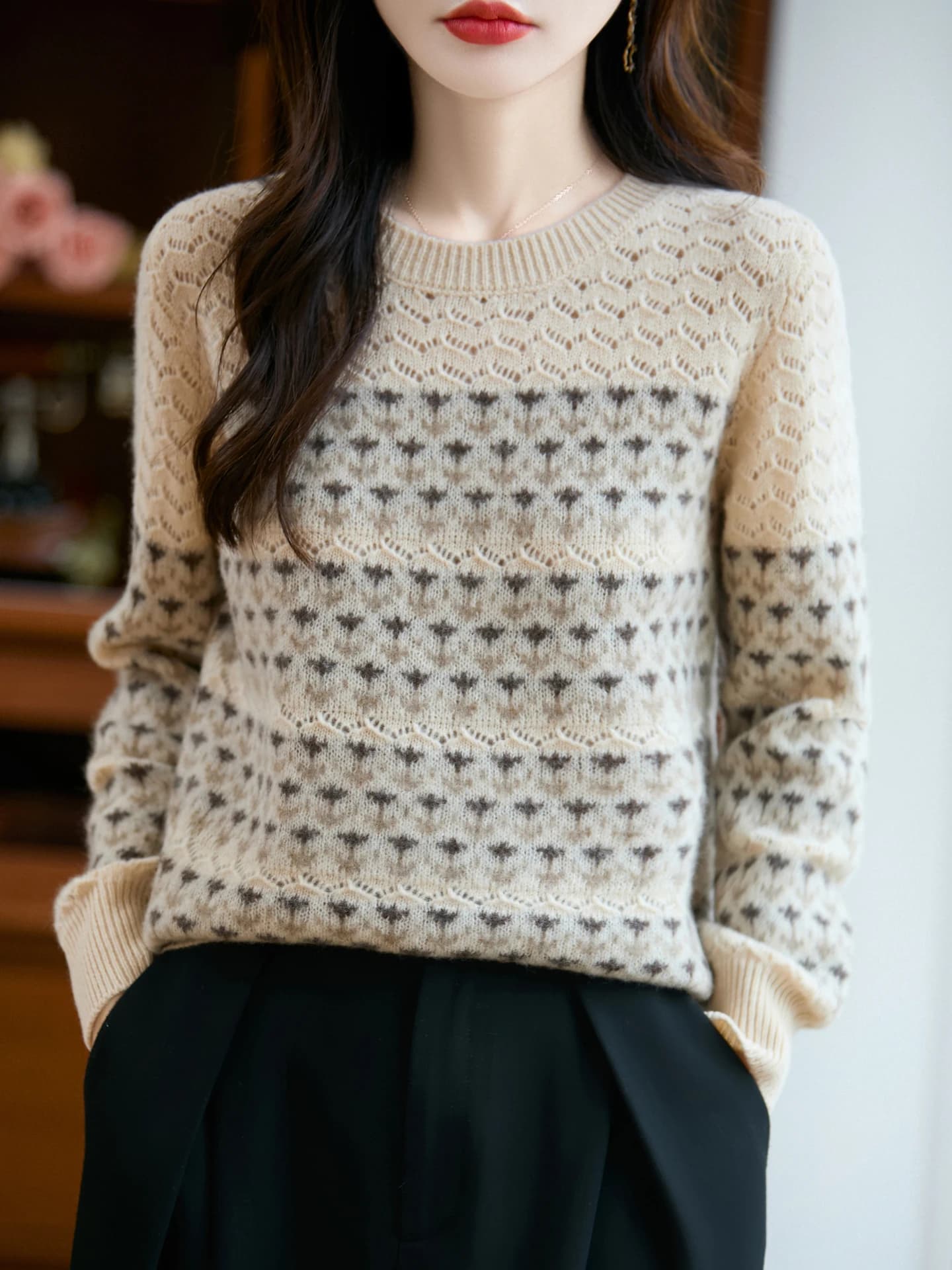 Retro Autumn Winter Woman Sweater Classic 100% Merino Wool Female Knitted Pullover Hollow Out Ladies Long Sleeve Clothing Tops