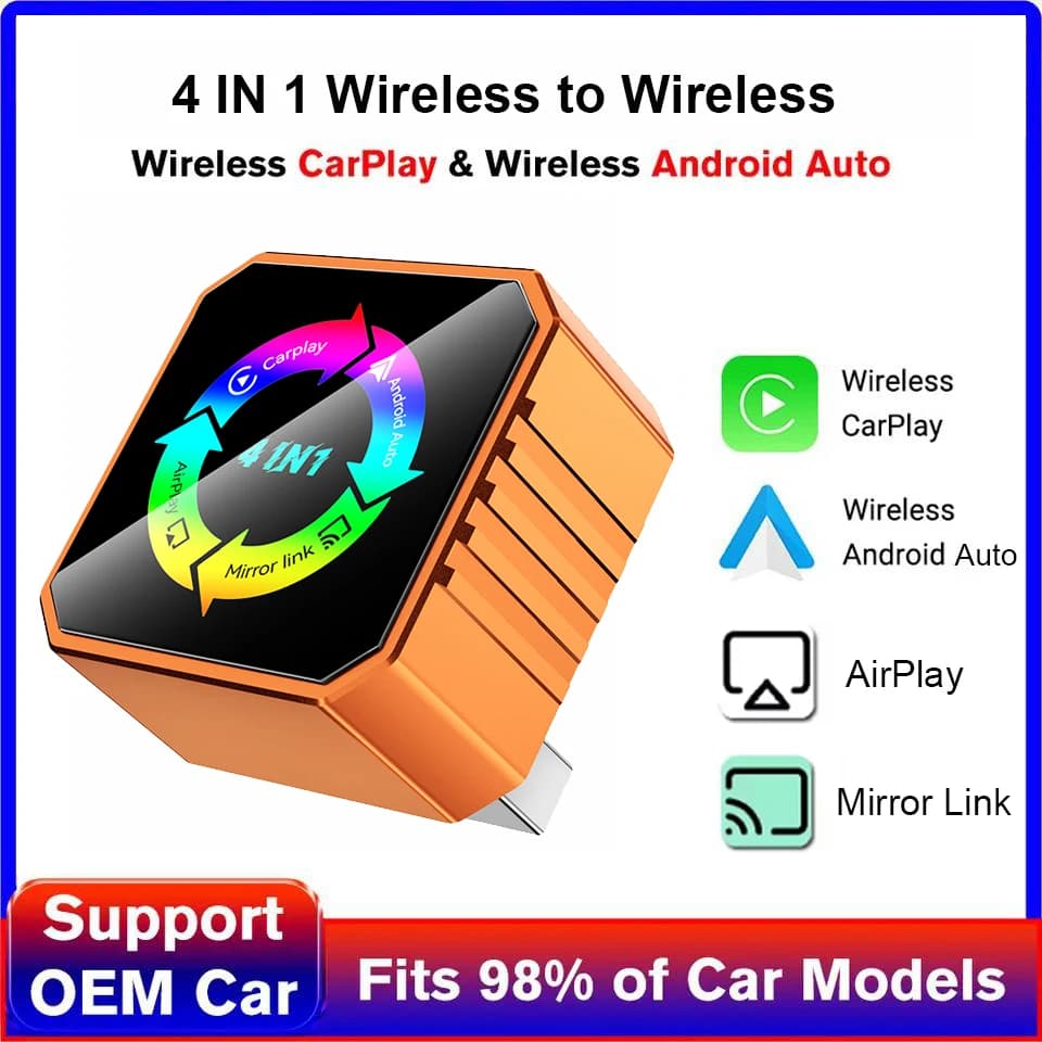Nuovo Adattatore Wireless 4in1 per CarPlay, Airplay, Mirror Link, WiFi+BT, Sistema Auto Intelligente, Proiezione Schermo, CarPlay e Android Auto