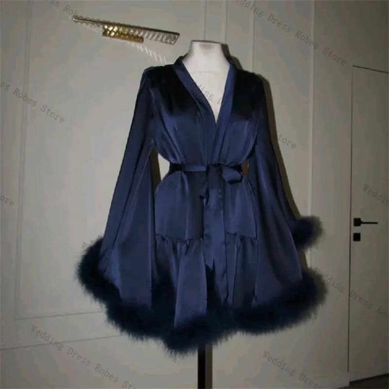 Women's dance dress in blue satin feathers for photo shoot with sexy short belt mini wedding dresses in the morning night dress custom night dresses