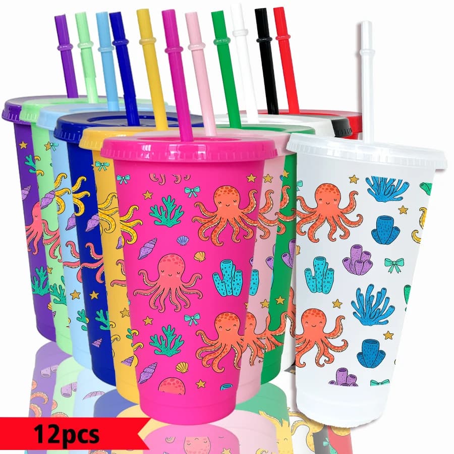 Confezione da 12 Bicchieri in Plastica Colorata da 26oz con Motivo a Conchiglia di Polpo e Alghe per Feste, Regalo di Ritorno a Scuola e Compleanno